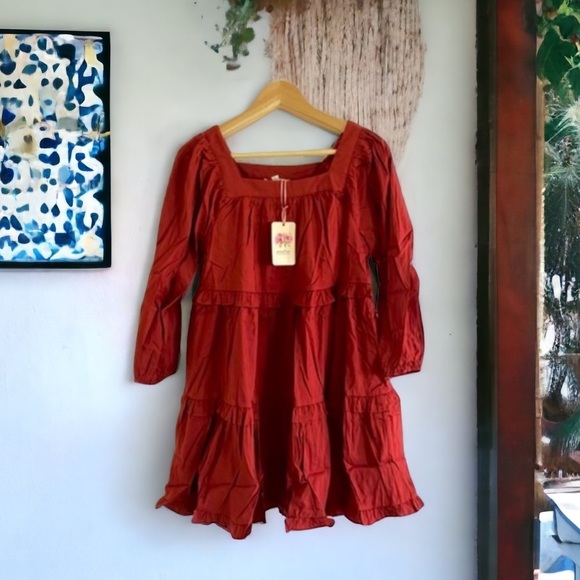 ENTRO Lava Red Boho Tiered Mini Dress 3/4 Sleeve - Picture 1 of 6